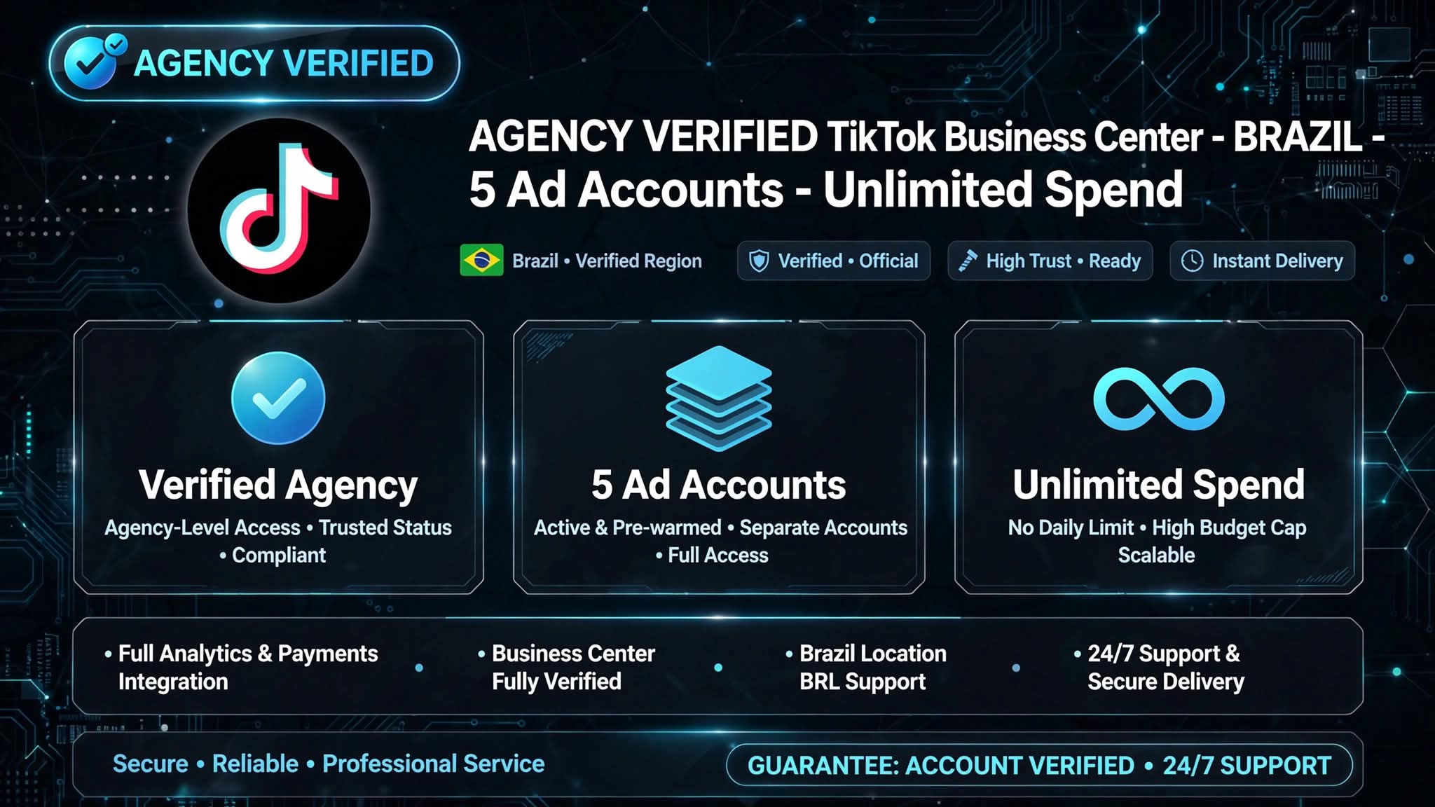 TikTok Agency Brazil - 5 Ad Accounts - Unlimited Spend - Instant Delivery