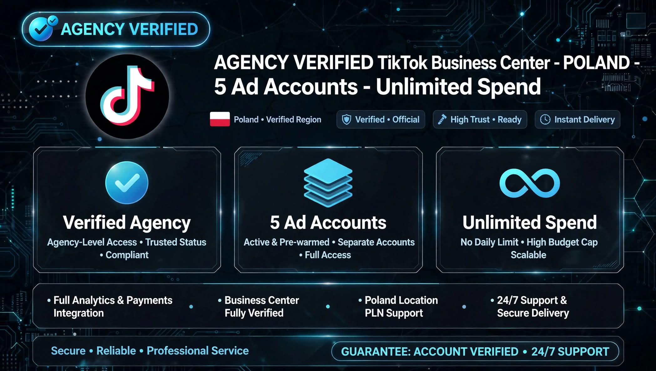 AGENCY Verified TikTok Business Center✅ - Poland - 5 Ad Accounts - No Limit Spending
